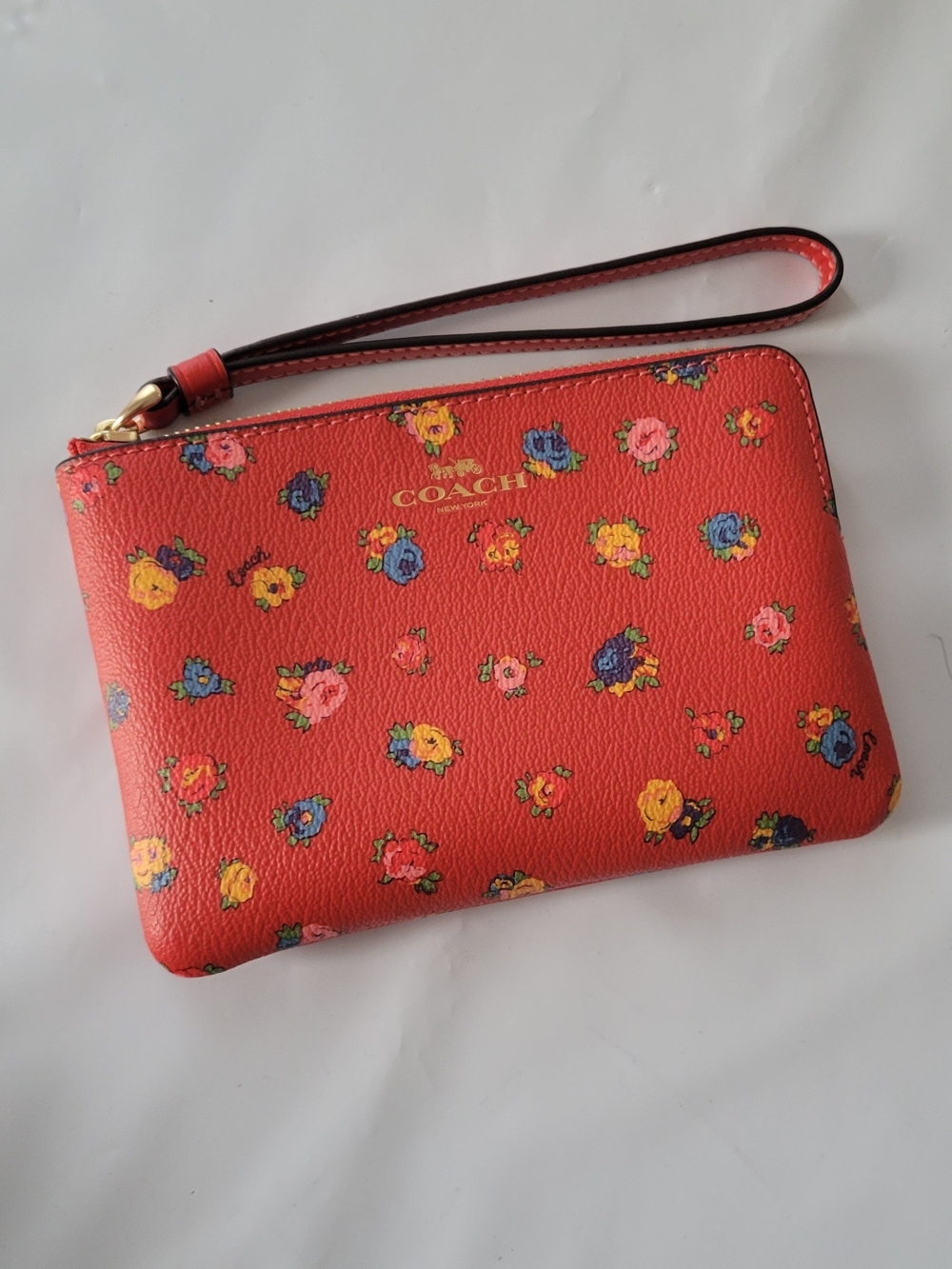 Coach Red Floral Wristlet Clutch with Gold Logo